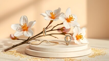 Fototapeta premium Ethereal Minimalist Jewelry Display with Spring Flowers and Golden Dust