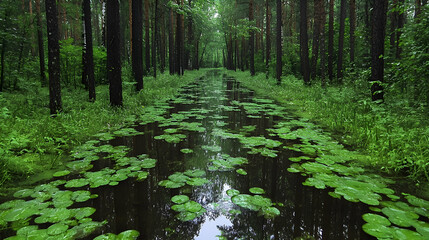 Obraz premium Forest Canal Lily Pads; Rainy Day Tranquility