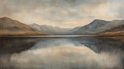 Fototapeta premium Serene Mountain Lake Landscape Painting Peaceful Nature Scene Tranquil Water Reflection Artistic Brown Grey Tones Calming Atmosphere Beautiful Scenery