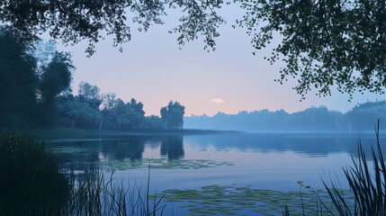 Fototapeta premium Serene Lakeside Dawn Peaceful Tranquil Misty Morning Lake Water Lilies Calm Blue Sky Trees Nature Landscape Scenery Beautiful Summer Day Sunrise pond 