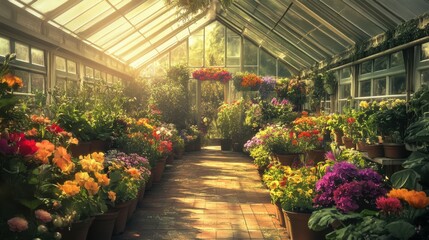 A vibrant greenhouse filled with colorful flowers and plants, illuminated by warm sunlight.