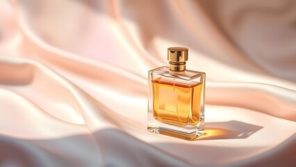 Golden Accents Elegant Perfume Bottle on Silk with Delicate Pastel Reflections