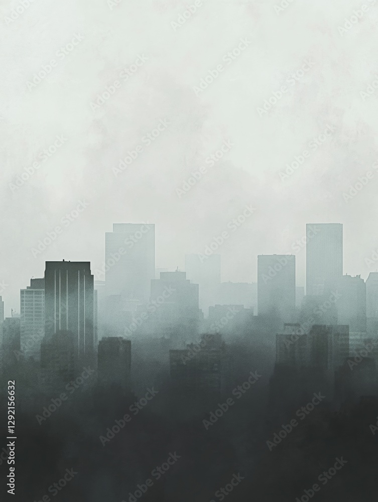 Poster cityscape enveloped in gray smog showcasing silhouettes of buildings with space for text. generative