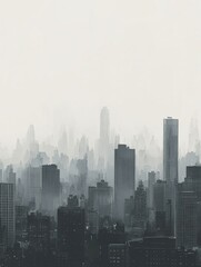 Fototapeta premium Cityscape enveloped in gray smog with silhouettes of buildings fading into haze and sky offering text space. Generative AI