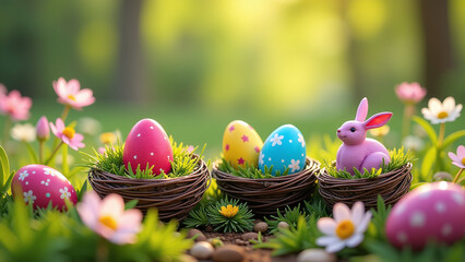vibrant painted eggs sit inside colorful easter bunny nests surrounded spring flowers lush greenery
