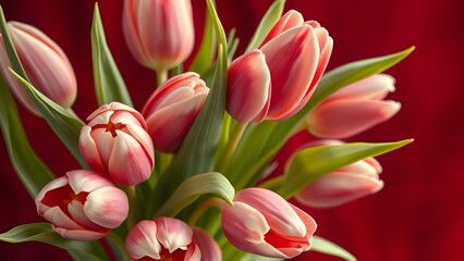 Fototapeta premium Soft Light Illuminating Fresh Tulip Bouquet on Deep Red Background