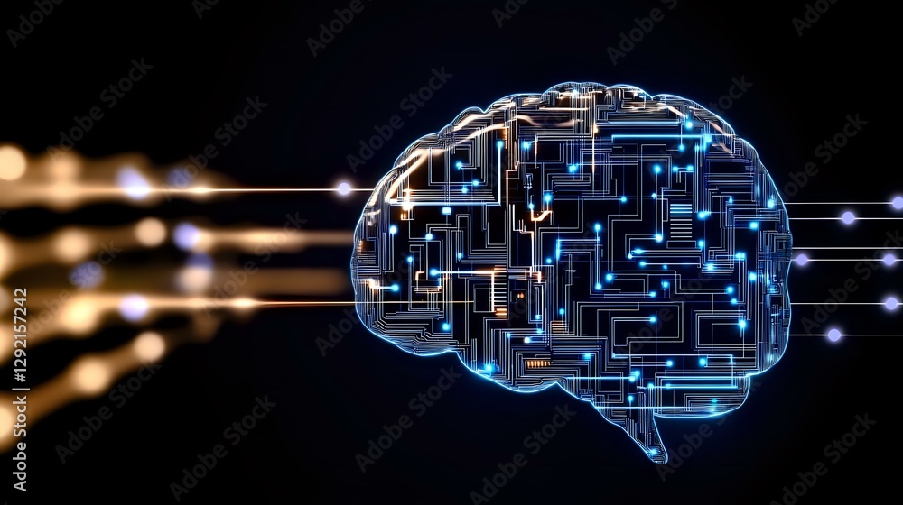 Poster digital brain with glowing blue circuit patterns and light trails on dark background symbolizes arti