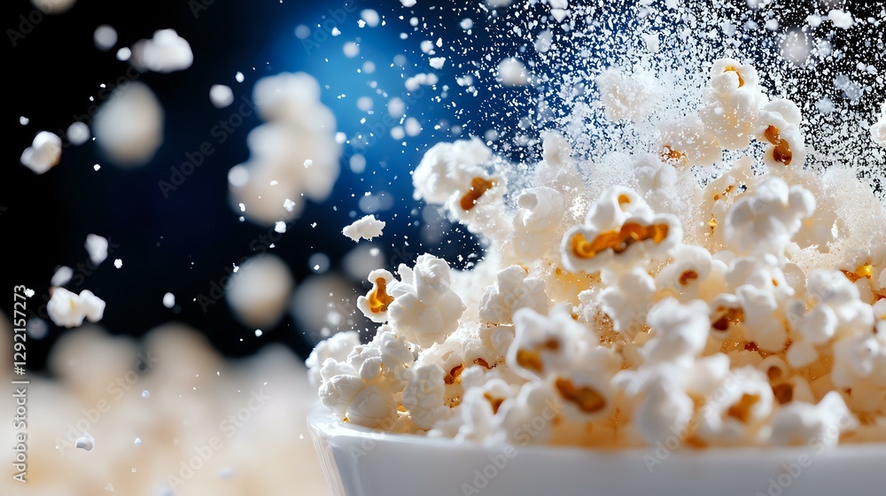 Poster popcorn kernels exploding with dramatic splash effect against dark background, crisp white popped co