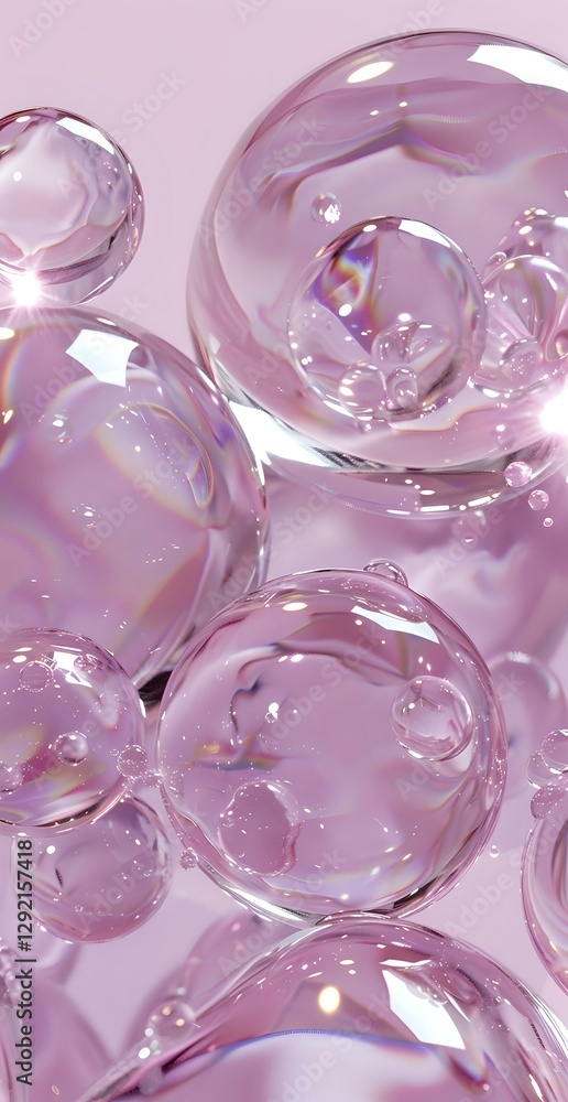 Poster transparent soap bubbles with iridescent reflections floating on pink background. macro photography 