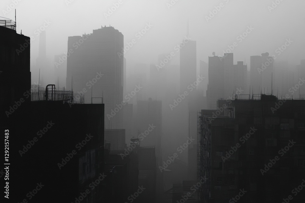 Poster cityscape engulfed in heavy gray smog with fading silhouettes of buildings and expansive sky for tex