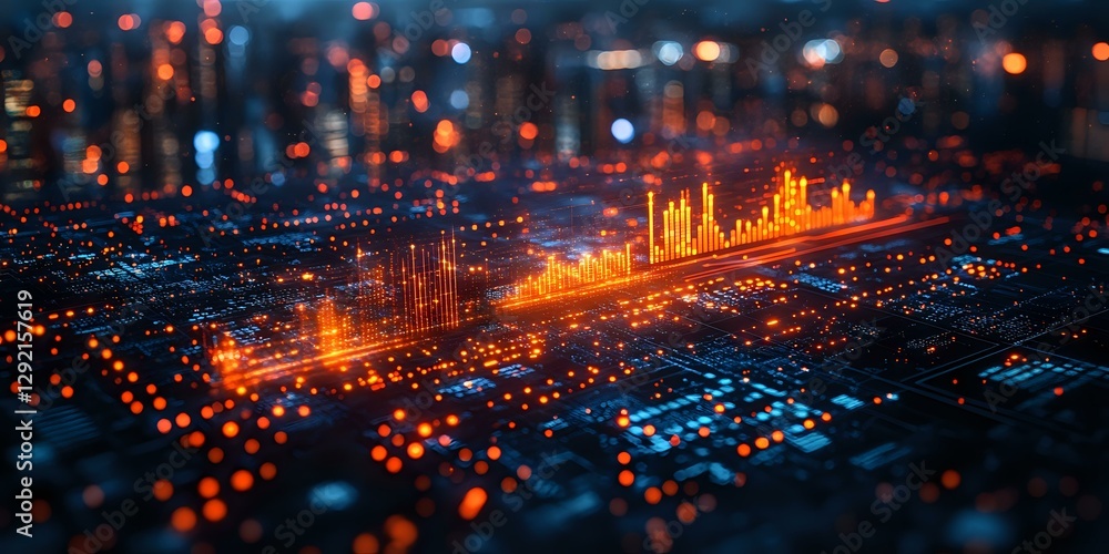 Poster futuristic circuit board with glowing orange data streams and digital city skyline emerging from ele