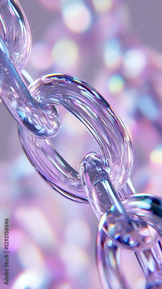 Poster transparent glass chain links on purple bokeh background with iridescent reflections and holographic