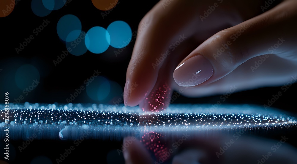 Poster finger touching glowing sparkles on reflective surface with blue bokeh background creates magical at