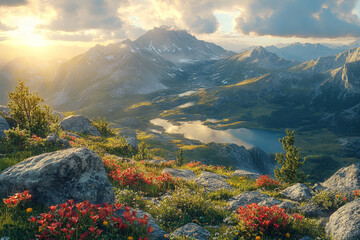 Breathtaking Mountain Landscape with Vibrant Wildflowers at Sunset