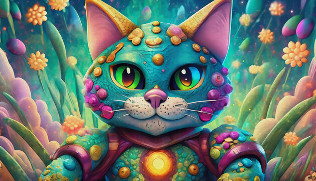 oil painting style cartoon character illustration multicolored Superhero Cat head