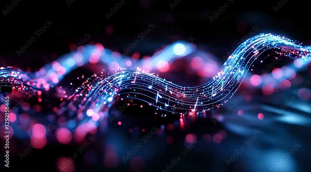 Poster abstract glowing wave with sparkles and bokeh effect on dark background, featuring neon blue and pin