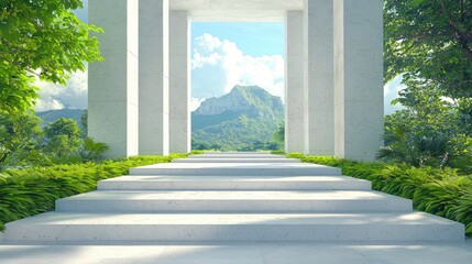 Naklejka premium Steps leading to mountain view, lush tropical garden