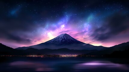 Fototapeta premium Majestic mountain peak under cosmic aurora sky with vibrant purple and blue colors reflecting in calm lake water, city lights glowing along shoreline at night.