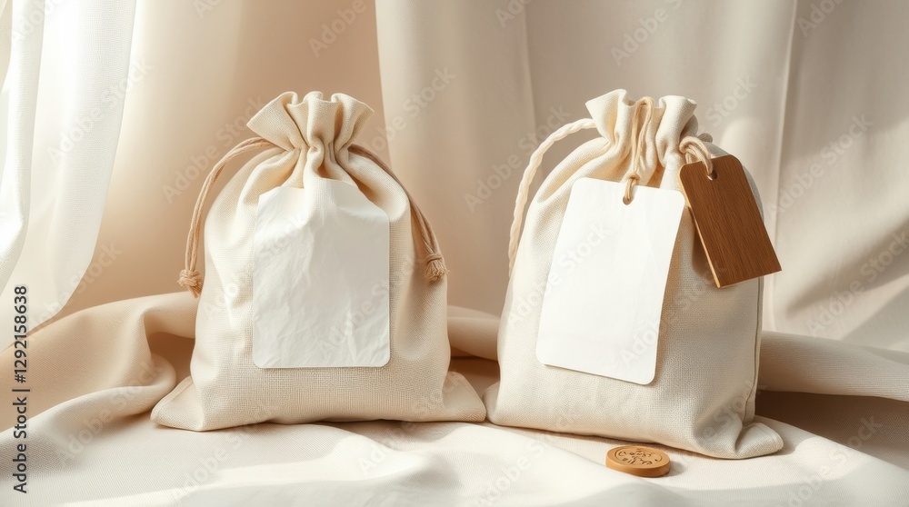 Poster two drawstring pouches with tags rest on soft, light fabric, creating a minimalist and elegant compo