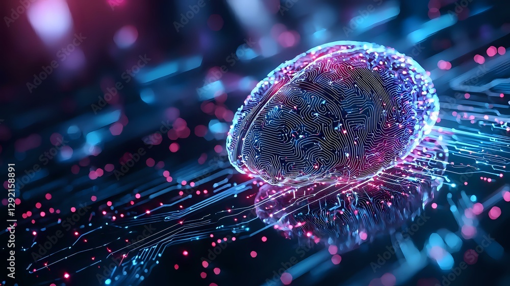 Poster glowing futuristic brain on circuit board with pink and blue neon lights, digital neural network con