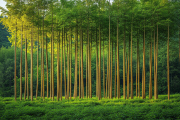 Fototapeta premium Lush Bamboo Grove Illuminated by Gentle Sunlight