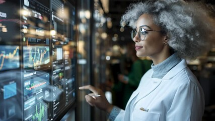 In a vibrant research facility, a focused woman with curly hair examines complex data on a high-tech digital screen. The atmosphere exudes creativity and innovation.