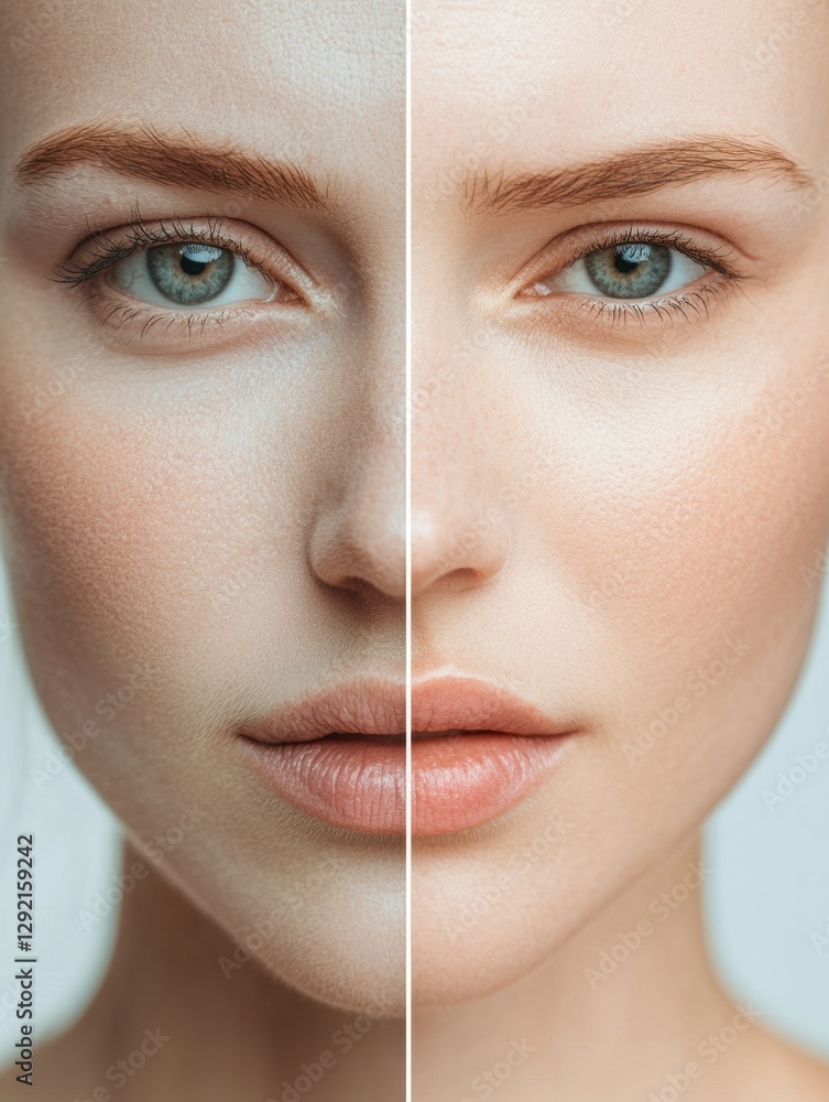 Poster Close up of a womans face showing contrasting sides with drawn lines and smooth skin representing aging and beauty. Generative AI