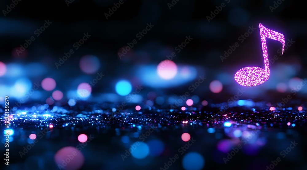 Poster glowing pink musical note floating over dark surface with blue bokeh lights creating magical atmosph