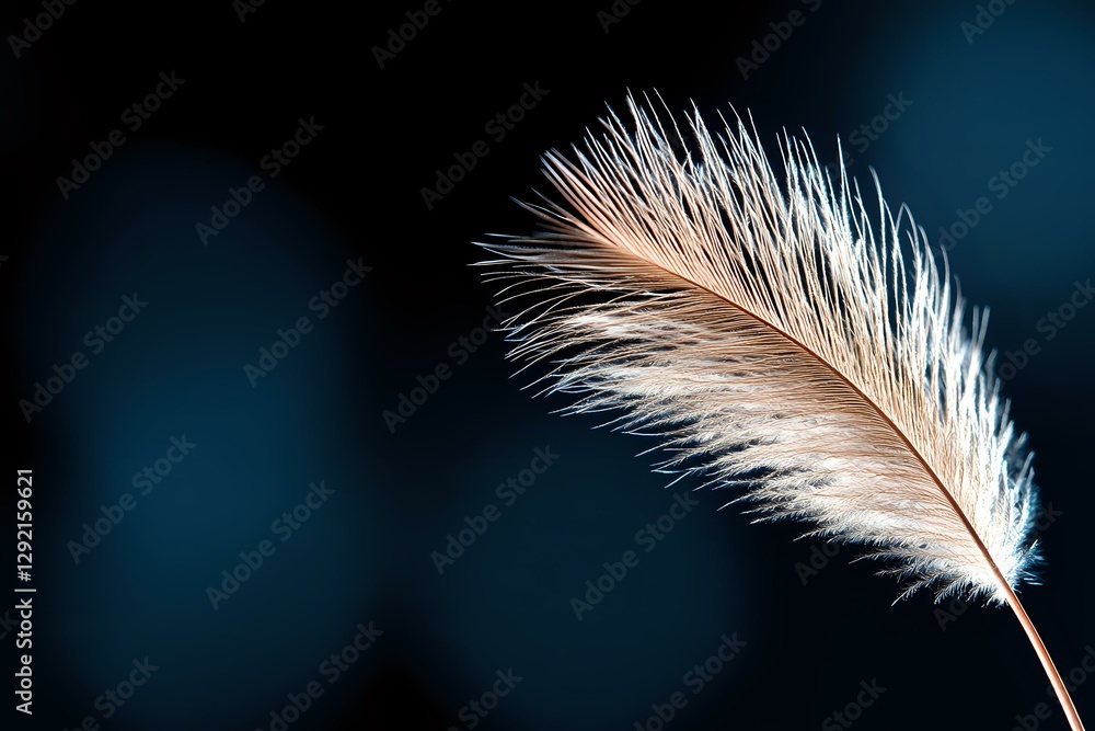 Poster delicate white feather with soft peach tones floating against dark blue bokeh background, creating e
