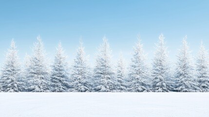 Naklejka premium Snowy trees line a field on a clear blue sky day. Ideal for winter backgrounds, greeting cards, or seasonal displays
