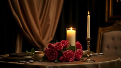 Elegant Evening Affair Candlelit Dinner with Roses in Vintage Film Style