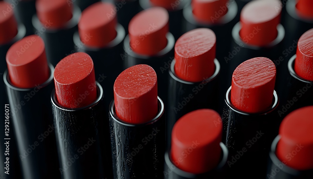 Poster red lipsticks in black tubes arranged in rows creating dramatic pattern with selective focus. cosmet