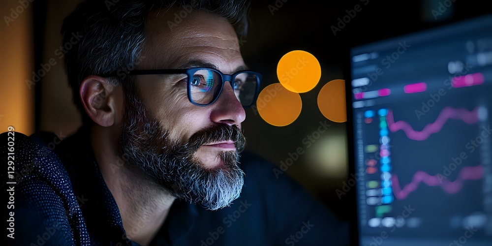 Poster mature bearded caucasian businessman analyzing financial data on computer screen at night, illuminat