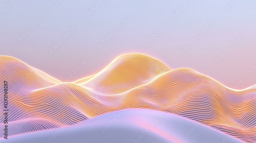 Poster flowing abstract waves in orange and purple gradient create dynamic linear pattern. futuristic wavy 