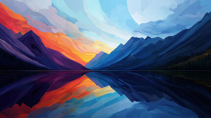   A painting of a mountain scene with a lake in the foreground and a vibrant sky in the background