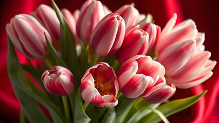 Fototapeta premium Blooming Beauty Hyper-realistic Tulips in Soft Daylight Against Deep Red Velvet