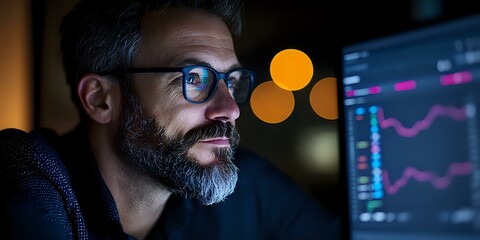 Mature bearded Caucasian businessman analyzing financial data on computer screen at night, illuminated by digital charts and ambient bokeh lights.