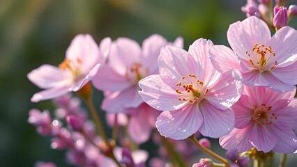 Obraz premium Serene Spring Morning Hyper-realistic Blooming Flowers in Light Lavender with Delicate Dewdrops and Elegant Highlights