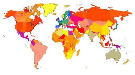 Fototapeta premium World map illustrating regions, using varied colors to represent data or categories across countries.