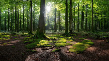 Fototapeta premium Lush green forest with tall trees, mossy ground, and sun rays shining through for nature, relaxation, and conservation themes