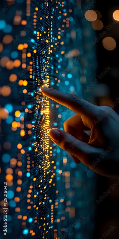 Poster finger touching digital data visualization with glowing orange and blue light effects, creating futu