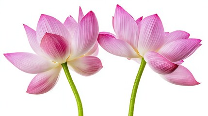 Fototapeta premium A pair of pink blossoms rest atop a pristine table, adjacent to a lush green stalk and an unblemished wall