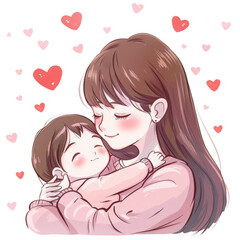 Cute Mother Hugging Child with Hearts – Isolated PNG on White Background