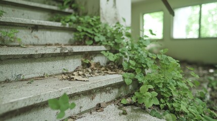 Overgrown stairs in abandoned building; nature reclaiming space