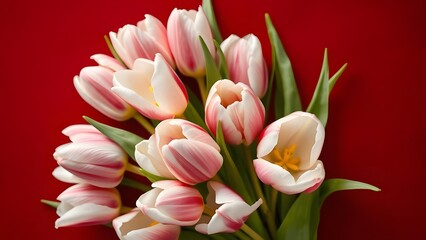 Obraz premium Softly Lit Tulip Bouquet on Deep Red Background a Minimalist Flat Lay with Velvety Textures and Gentle Movement