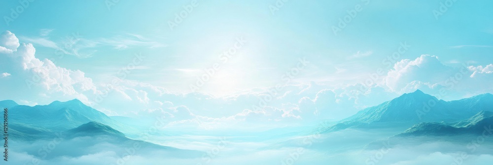 Poster Sky and mountains under a bright sun with clouds and mist creating a serene atmosphere at midday. Generative AI