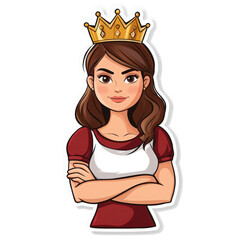 Young Cartoon Queen with Crossed Arms &ndash; Sticker PNG on Transparent Background