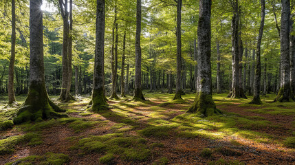 Obraz premium Lush green forest with tall trees, mossy ground, and sun rays shining through for nature, relaxation, and conservation themes