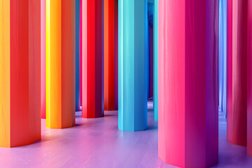 Abstract interior with a sequence of colorful pillars casting soft shadows