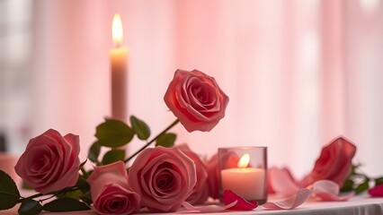 Romantic Candlelit Dinner Amidst Roses in Soft Pink and Peach Gradient